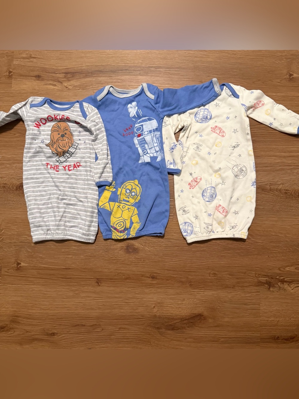 Star Wars NB 3pc Long Sleeve Cotton Knit SleepSack Bodysuit Set Chewbacca R2D2